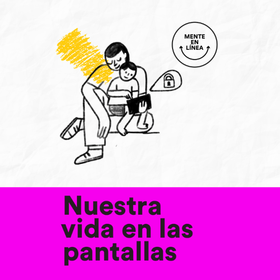 /Dibujo de un niño en el regazo de una persona mirando una pantalla